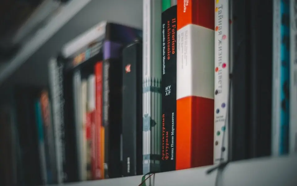 books on white wooden shelf